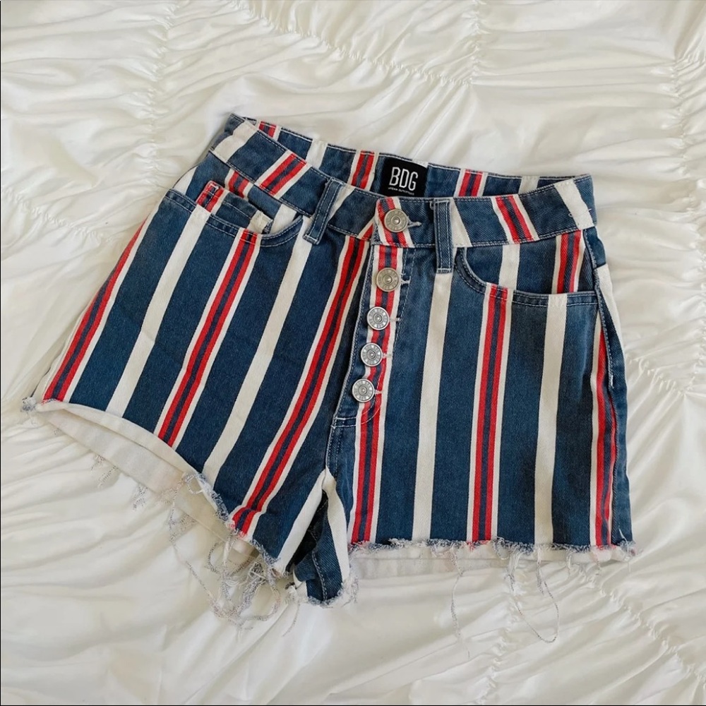red white and blue pin stripe mom shorts